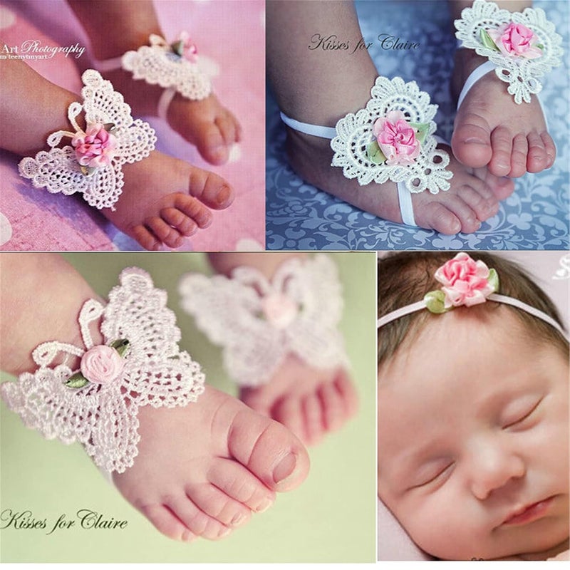 Ldcx Baby girls infant crochet butterfly headbands and knitted flower barefoot sandals.(BBFJ3) (2 pcs White) - Image 5